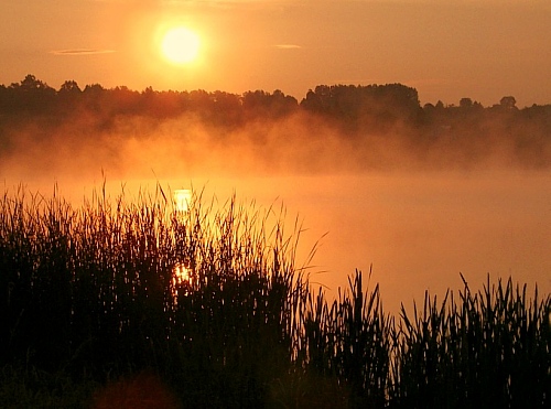 Świt i mgły nad zalewem w Mostkach.