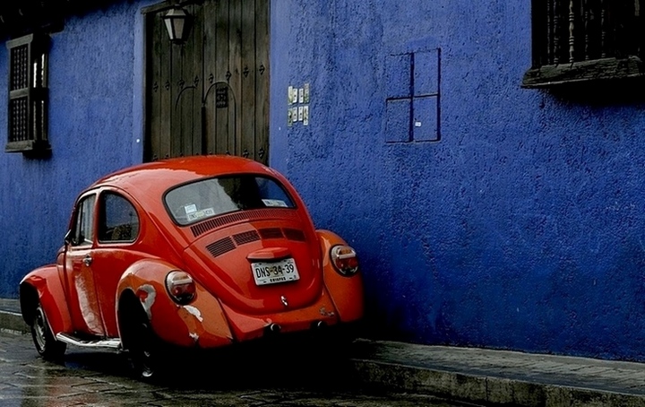 Blue wall... red beetle...