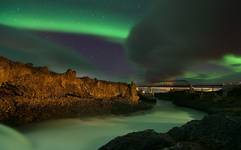 Cold green river under green solar light.